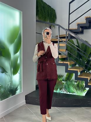 Armine Trend Simli Tüvit Yelekli Takım 25KT638 Bordo