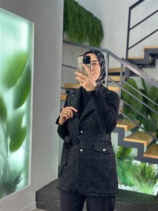 Armine Trend Simli Tüvit Yelekli Takım 25KT638 Siyah