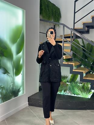 Armine Trend Simli Tüvit Yelekli Takım 25KT638 Siyah