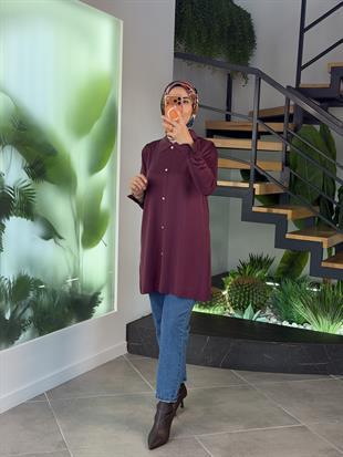 Armine Trend Yakalı Düğme Detaylı Merserize Tunik 25YTD4115 Mürdüm