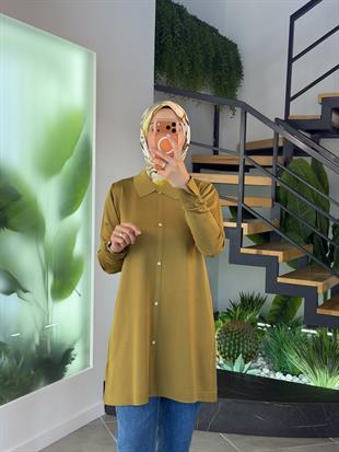 Armine Trend Yakalı Düğme Detaylı Merserize Tunik 25YTD4115 Yağyeşili