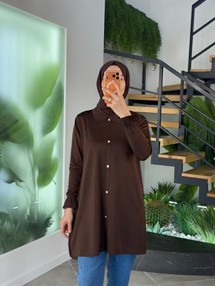 Armine Trend Yakalı Düğme Detaylı Merserize Tunik 25YTD4115 Kahverengi
