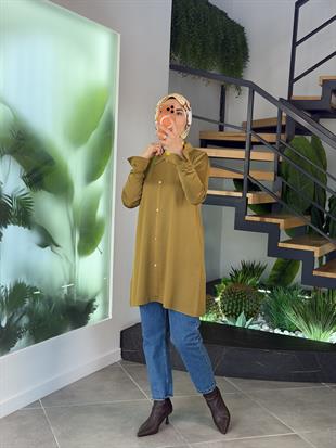Armine Trend Yakalı Düğme Detaylı Merserize Tunik 25YTD4115 Yağyeşili