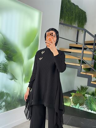 Armine Trend Yanları Şifon Garnili Pantolonlu Takım 25KT669 Siyah