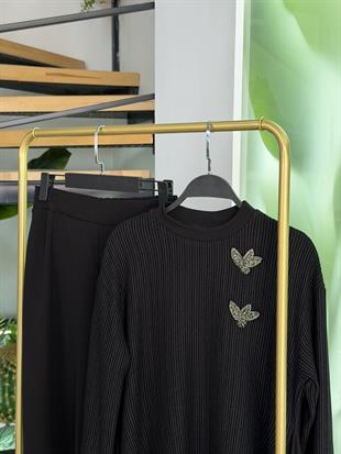 Armine Trend Yanları Şifon Garnili Pantolonlu Takım 25KT669 Siyah