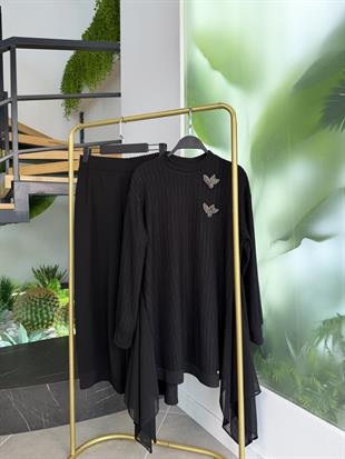 Armine Trend Yanları Şifon Garnili Pantolonlu Takım 25KT669 Siyah