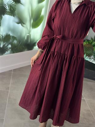 Balon Kol Bordo Renk Kadın Kuşaklı Elbise