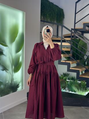 Balon Kol Bordo Renk Kadın Kuşaklı Elbise