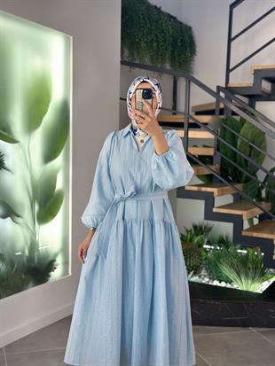 Balon Kol Mavi Renk Kadın Kuşaklı Elbise