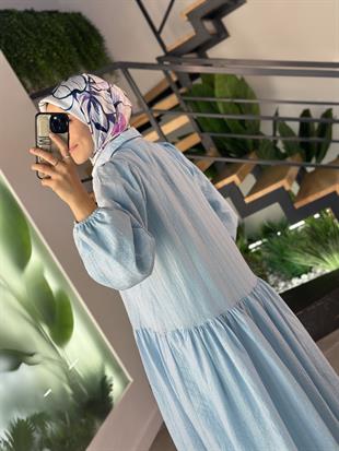 Balon Kol Mavi Renk Kadın Kuşaklı Elbise