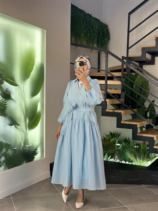 Balon Kol Mavi Renk Kadın Kuşaklı Elbise