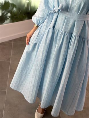 Balon Kol Mavi Renk Kadın Kuşaklı Elbise