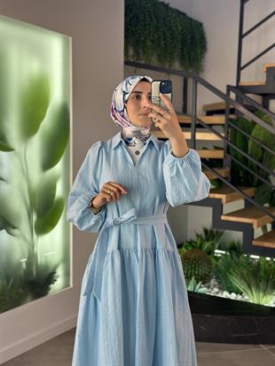 Balon Kol Mavi Renk Kadın Kuşaklı Elbise