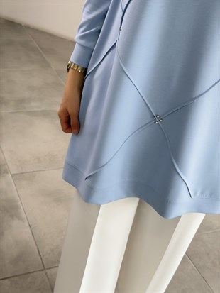 Bebe Mavi Renk Nervürlü Ve Taşlı Tunik