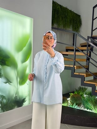 Bebe Mavisi Renk Fırfır Detaylı Pamuklu Gömlek