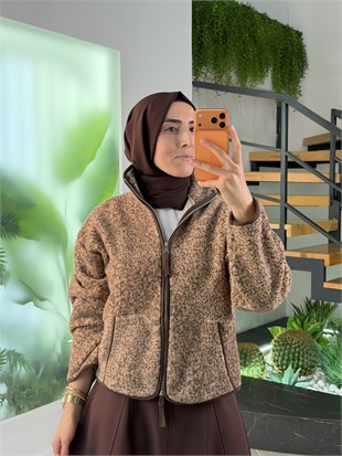 Bej-Kahve Renk Kırçıllı Fermuarlı Polar Basic Ceket