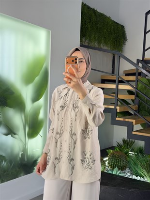 Bej Renk Boncuk İşlemeli Modal Gömlek