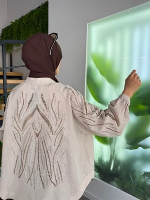 Bej Renk Boncuk İşlemeli Pamuk KetenKimono
