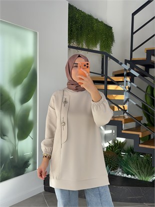 Bej Renk Fermuar Ve Boncuk Detaylı Sweatshirt