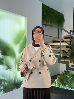 Bej Renk Kolları Apoletli Kısa Trenç Ceket