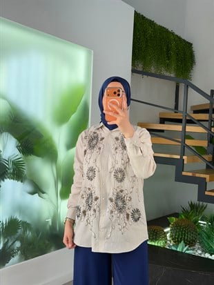 Bej Renk Nakış Ve Boncuk İşlemeli Gömlek