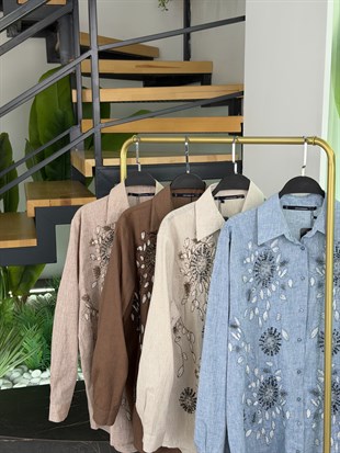 Bej Renk Nakış Ve Boncuk İşlemeli Gömlek