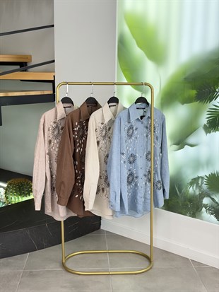 Bej Renk Nakış Ve Boncuk İşlemeli Gömlek