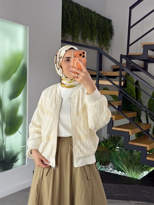 Bej Renk Premium Fermuarlı Bomber Ceket