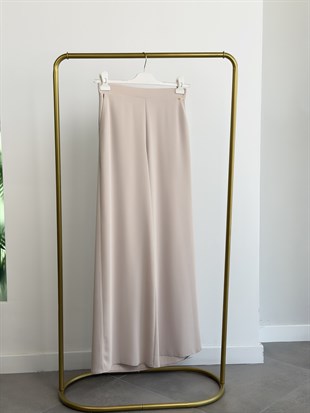 Bej Renk Beli Lastikli  Bol Paça Krep Pantolon