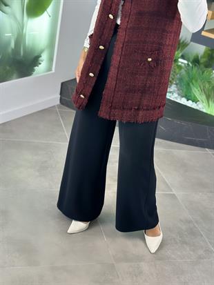 Siyah Renk Beli Lastikli  Bol Paça Krep Pantolon