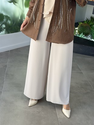 Bej Renk Beli Lastikli  Bol Paça Krep Pantolon