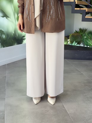 Bej Renk Beli Lastikli  Bol Paça Krep Pantolon