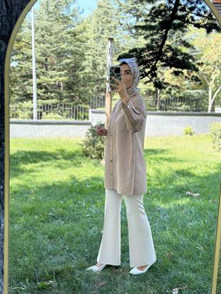 Beli Lastikli Bej Renk Kadın İspanyol Paça Pantolon