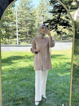 Beli Lastikli Bej Renk Kadın İspanyol Paça Pantolon