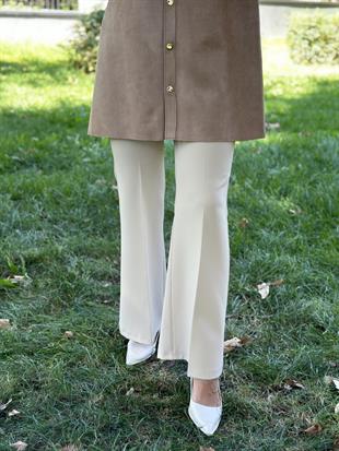 Beli Lastikli Bej Renk Kadın İspanyol Paça Pantolon