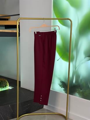 Beli Lastikli Düğme Detaylı Bordo Renk Kadın  Pantolon