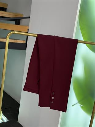 Beli Lastikli Düğme Detaylı Bordo Renk Kadın  Pantolon