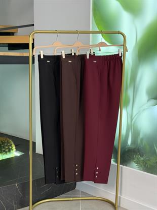 Beli Lastikli Düğme Detaylı Kahve Renk Kadın Pantolon