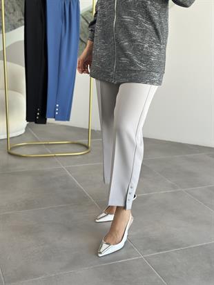 Beli Lastikli Düğme Detaylı Gri Renk Kadın Pantolon