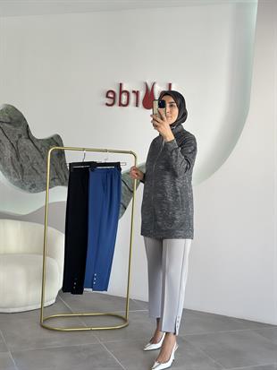 Beli Lastikli Düğme Detaylı İndigo Renk Kadın Pantolon