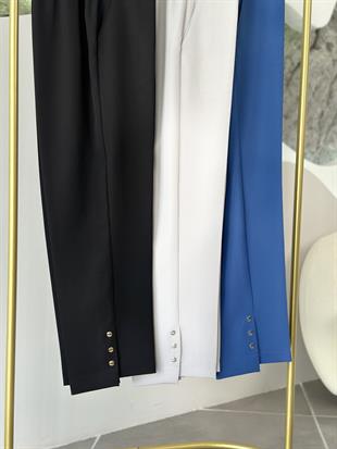 Beli Lastikli Düğme Detaylı İndigo Renk Kadın Pantolon