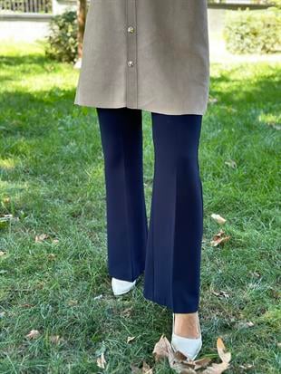 Beli Lastikli Lacivert Renk Kadın İspanyol Paça Pantolon