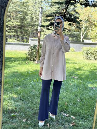 Beli Lastikli Lacivert Renk Kadın İspanyol Paça Pantolon