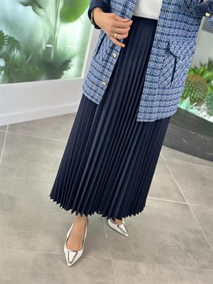 Lacivert Renk Beli Lastikli Piliseli Etek