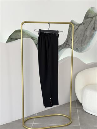 Beli Lastikli Düğme Detaylı Siyah  Renk Kadın Pantolon