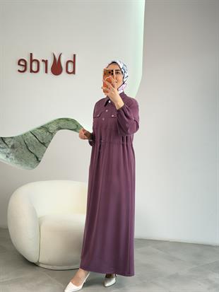 Beli Tünelli Gömlek Yaka Bordo Renk Kadın Elbise