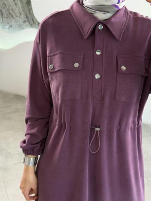 Beli Tünelli Gömlek Yaka Bordo Renk Kadın Elbise