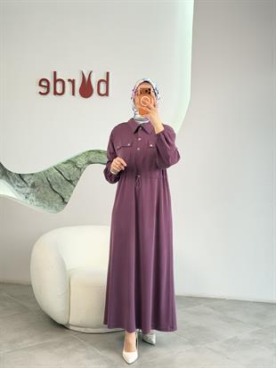 Beli Tünelli Gömlek Yaka Bordo Renk Kadın Elbise