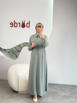 Beli Tünelli Gömlek Yaka Mint Renk Kadın Elbise