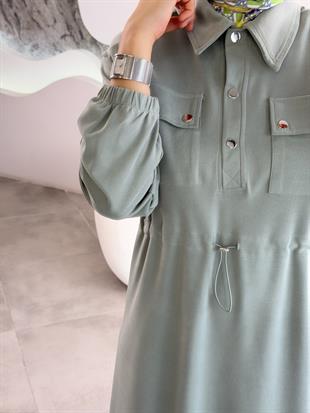 Beli Tünelli Gömlek Yaka Mint Renk Kadın Elbise